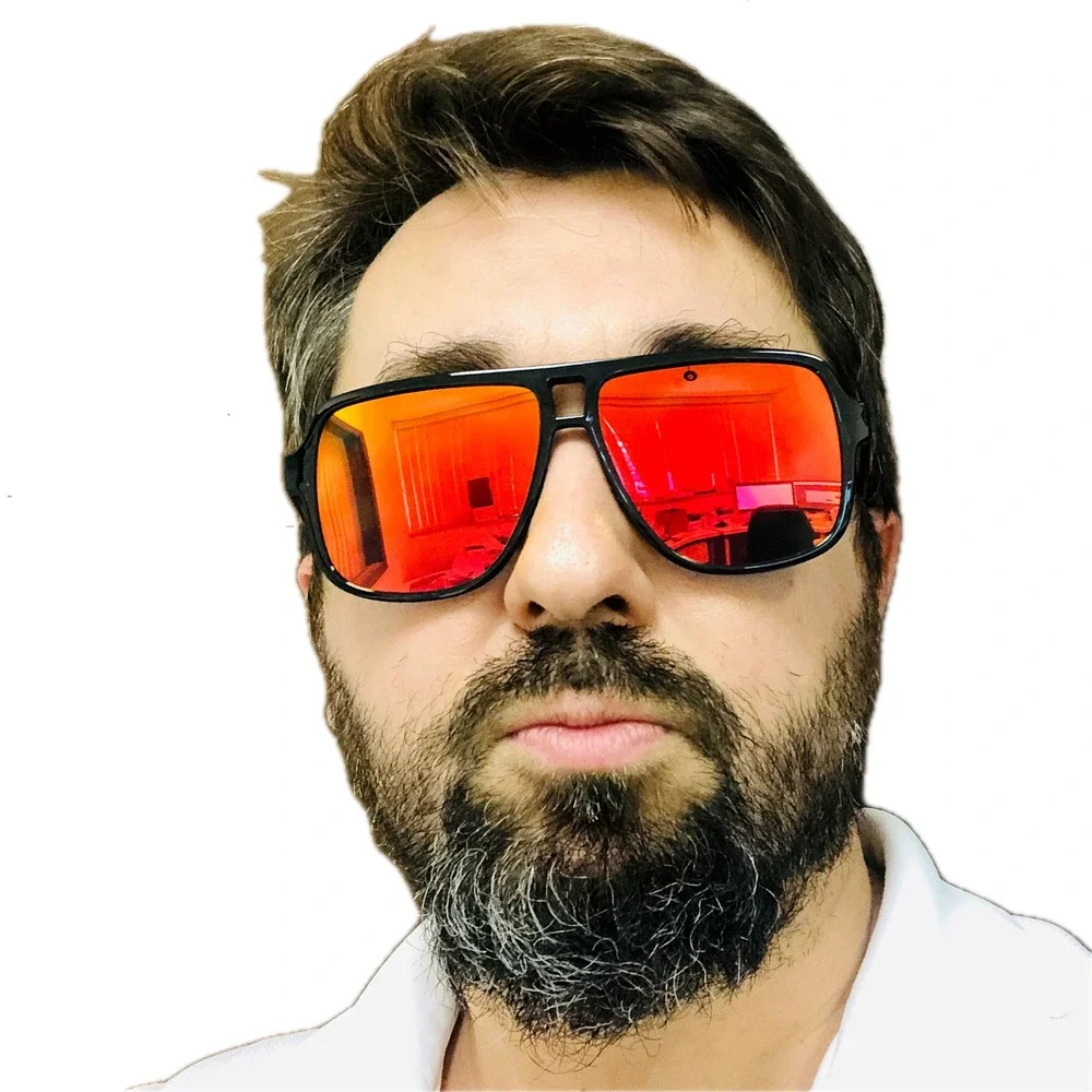 Square Aviator Sunglasses‎ Black Frame Red Mirrored Lens Fashion Sun Glasses